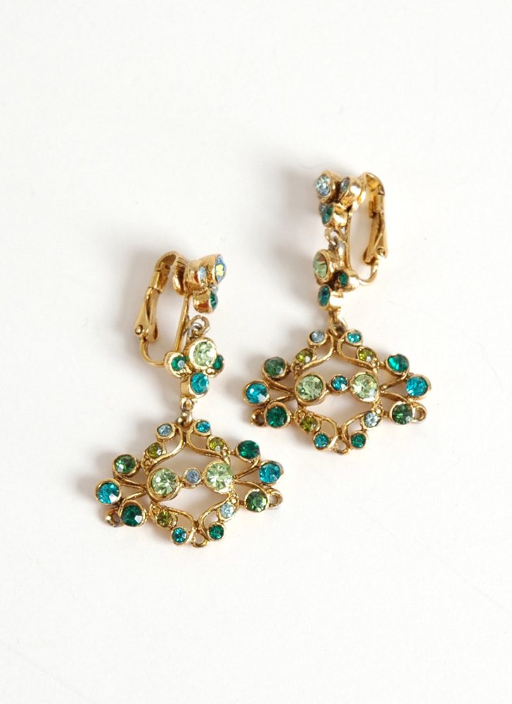 vintage green + blue rhinestone chandelier earrings