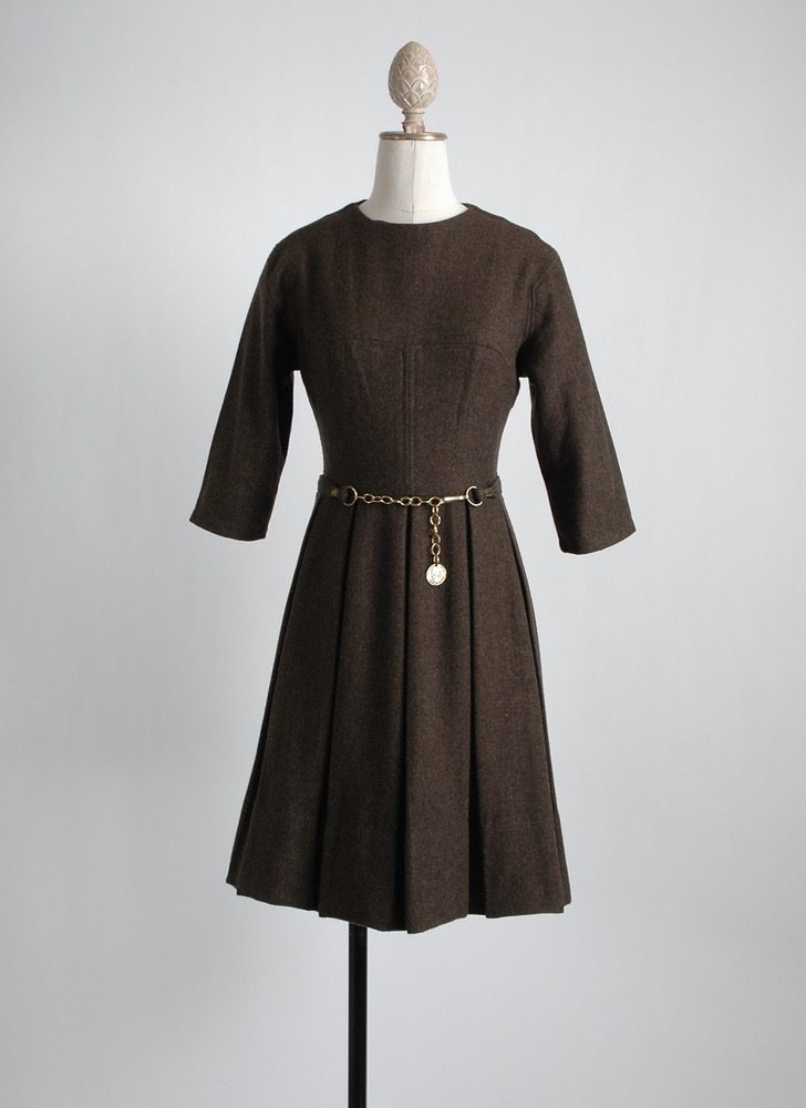 1960s brown herringbone wool dress + belt