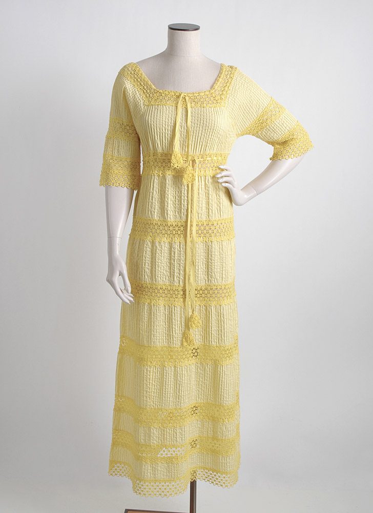 1970s yellow pintucked cotton + crochet peasant dress