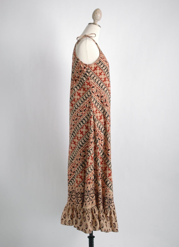 1970s India cotton ruffle block-print dress