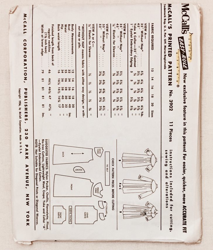 unused 1950s housecoat/peignoir pattern McCalls 3902 bust 34″