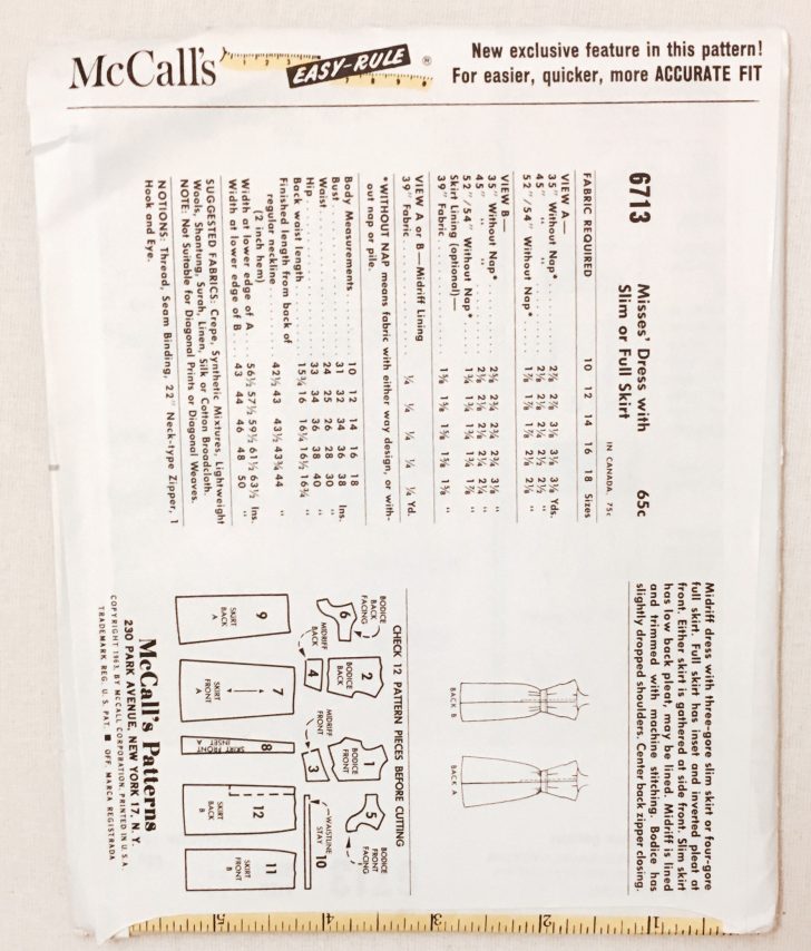 unused early 1960s dress pattern McCall’s 6713 bust 34″