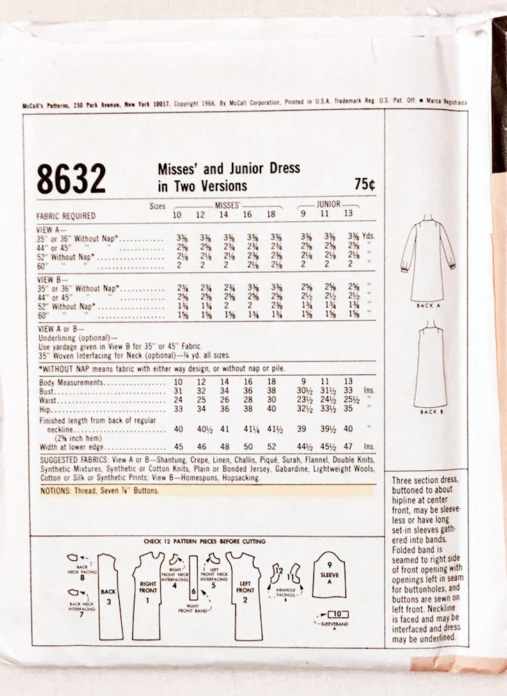 unused 1960s shift dress pattern McCall’s 8632 bust 36″