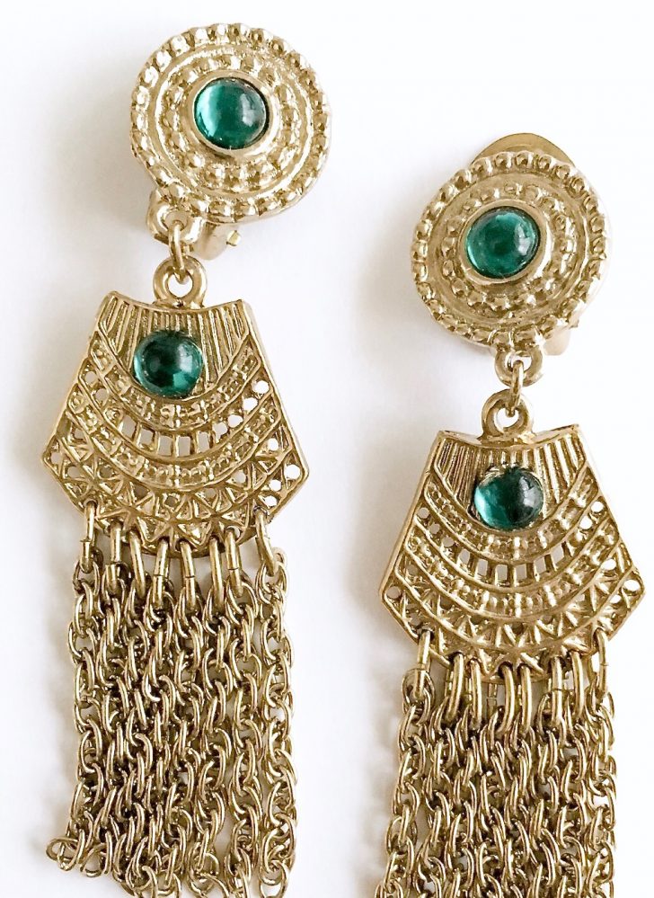 vintage Egyptian revival gold earrings with green cabochons